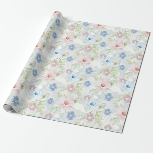 Roze en blauwe waterverf bloemen. cadeaupapier (Uitgerold)