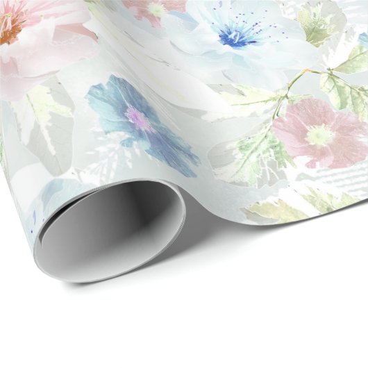 Roze en blauwe waterverf bloemen. cadeaupapier (Rol Hoek)