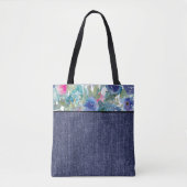 Roze en blauwe waterverf bloemen en denim tote bag (Voorkant)