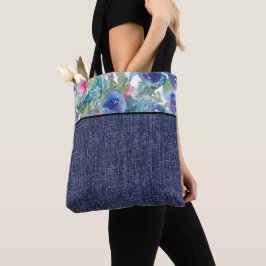Roze en blauwe waterverf bloemen en denim tote bag