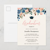 Roze en blauwe Waterverf bloemen GraduPartij Uitnodiging Briefkaart (Voorkant / Achterkant)