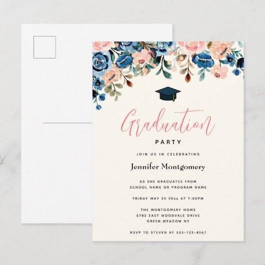 Roze en blauwe Waterverf bloemen GraduPartij Uitnodiging Briefkaart (Voorkant / Achterkant)