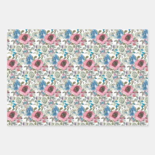 Roze en blauwe Waterverf bloemen Inpakpapier Vel (Voorkant 3)