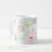 Roze en blauwe waterverf bloemen, koffie-mok koffiemok (Voorkant links)