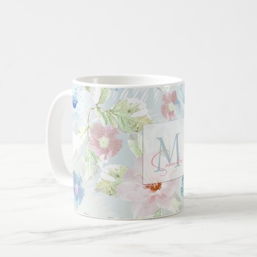 Roze en blauwe waterverf bloemen, koffie-mok koffiemok (Voorkant links)