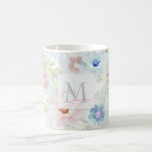 Roze en blauwe waterverf bloemen, koffie-mok koffiemok (Center)