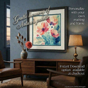 Roze en blauwe waterverf bloemen kunst poster