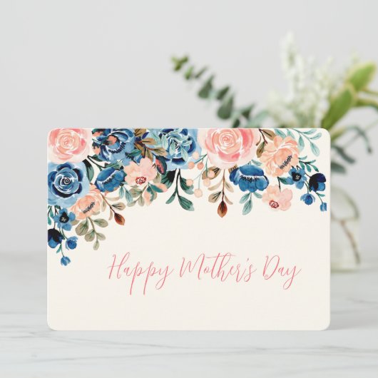 Roze en blauwe waterverf bloemen Moederdag Feestdagenkaart (Staand voorkant)