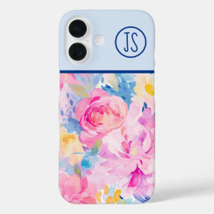 Roze en Blauwe Waterverf Bloemen Monogrammed iPhone 16 Hoesje