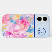 Roze en Blauwe Waterverf Bloemen Monogrammed Case-Mate iPhone Case (Achterkant (horizontaal))