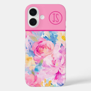 Roze en Blauwe Waterverf Bloemen Monogrammed iPhone 16 Hoesje