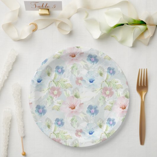 Roze en blauwe waterverf bloemen. papieren bordje (Huwelijk)