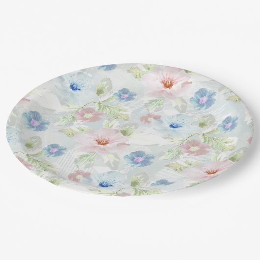 Roze en blauwe waterverf bloemen. papieren bordje (Gekanteld)