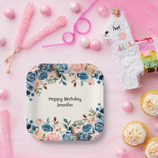 Roze en blauwe Waterverf bloemen Papieren Bordje (Feest)