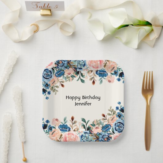 Roze en blauwe Waterverf bloemen Papieren Bordje (Huwelijk)