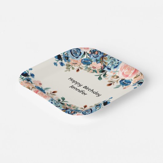 Roze en blauwe Waterverf bloemen Papieren Bordje (Gebogen)