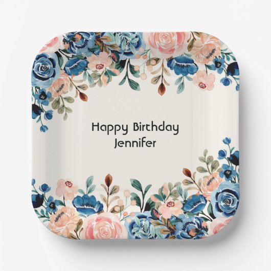 Roze en blauwe Waterverf bloemen Papieren Bordje (Voorkant)