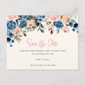 Roze en blauwe Waterverf bloemen Sla de datum op Uitnodiging Briefkaart (Voorkant)