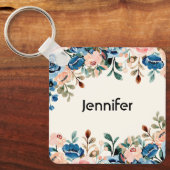 Roze en blauwe Waterverf bloemen Sleutelhanger (Voorkant)