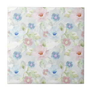 Roze en blauwe waterverf bloemen. tegeltje
