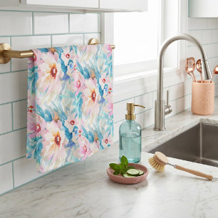 Roze en blauwe waterverf bloemen theedoek