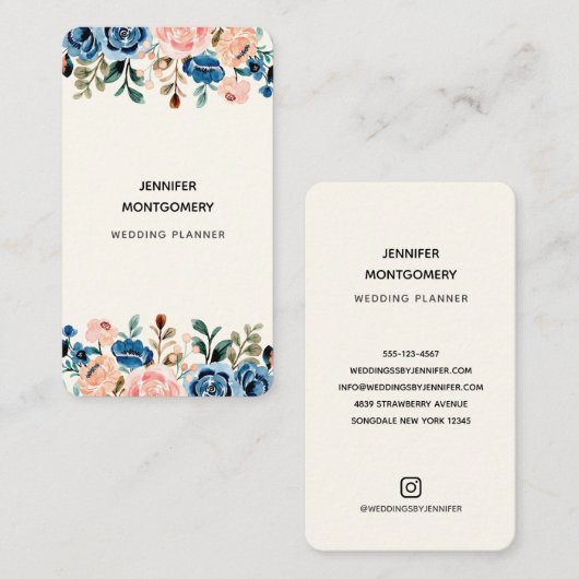 Roze en blauwe Waterverf bloemen Visitekaartje (Voorkant / Achterkant)