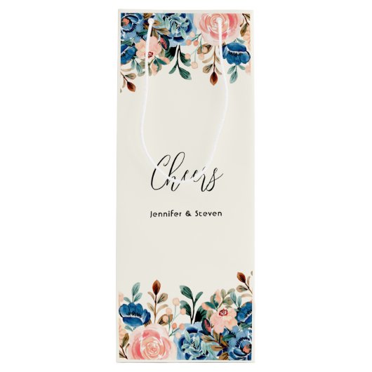 Roze en blauwe Waterverf bloemen. Wijn Cadeautas (Achterkant)