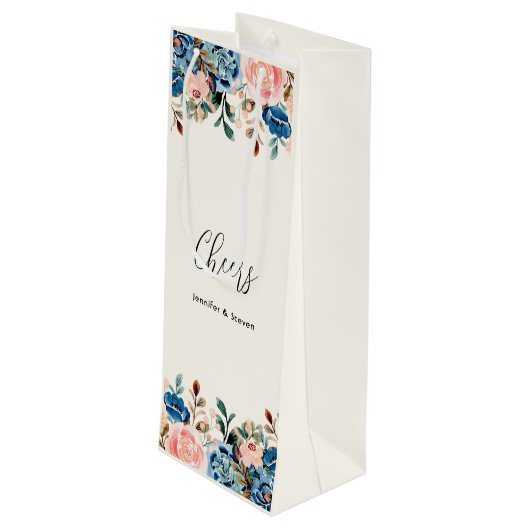 Roze en blauwe Waterverf bloemen. Wijn Cadeautas (Achterkant Gekanteld)