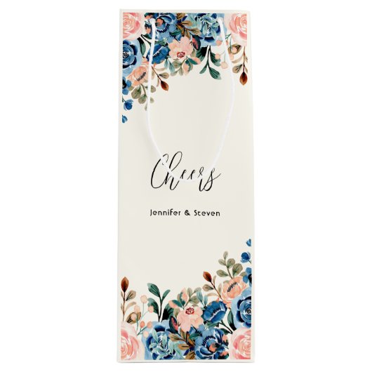 Roze en blauwe Waterverf bloemen. Wijn Cadeautas (Voorkant)