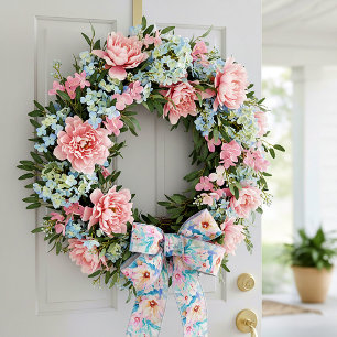 Roze en blauwe waterverf bloemrijk satijnen lint