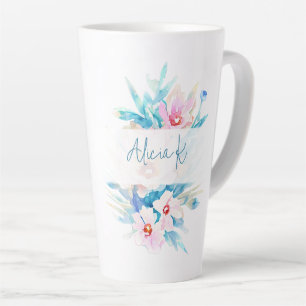 Roze en blauwe waterverf bloemstuk gepersonaliseer latte mok