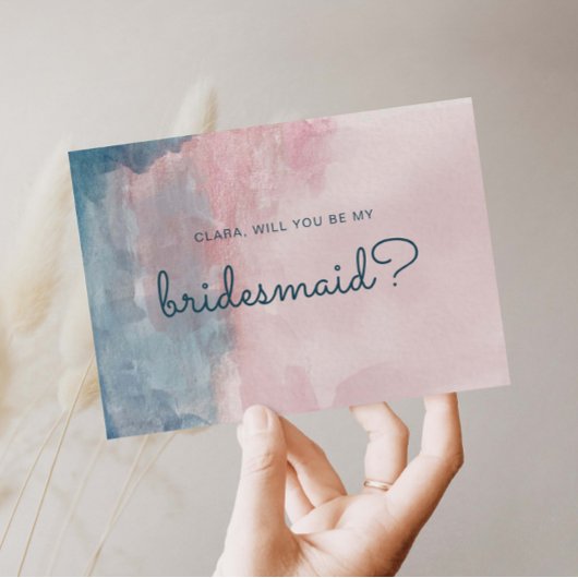 Roze en Blauwe waterverf bruidsmeisje kaart