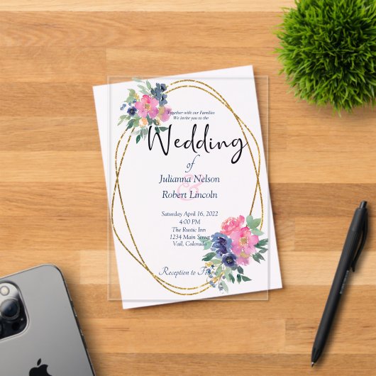 Roze en blauwe waterverf bruiloft acryl uitnodigingen (Insitu (Uitnodiging))