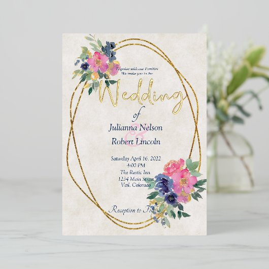 Roze en blauwe waterverf bruiloft folie uitnodiging (Staand Voorkant)