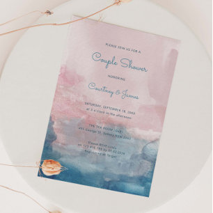 Roze en blauwe waterverf couple babyshower kaart