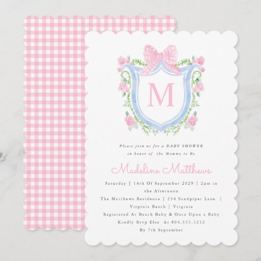 Roze en Blauwe Waterverf Crest Baby shower Kaart (Voorkant / Achterkant)