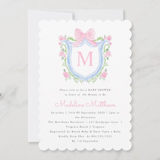 Roze en Blauwe Waterverf Crest Baby shower Kaart (Voorkant)