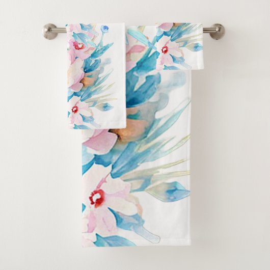 Roze en blauwe waterverf floraal bad handdoek (Insitu)