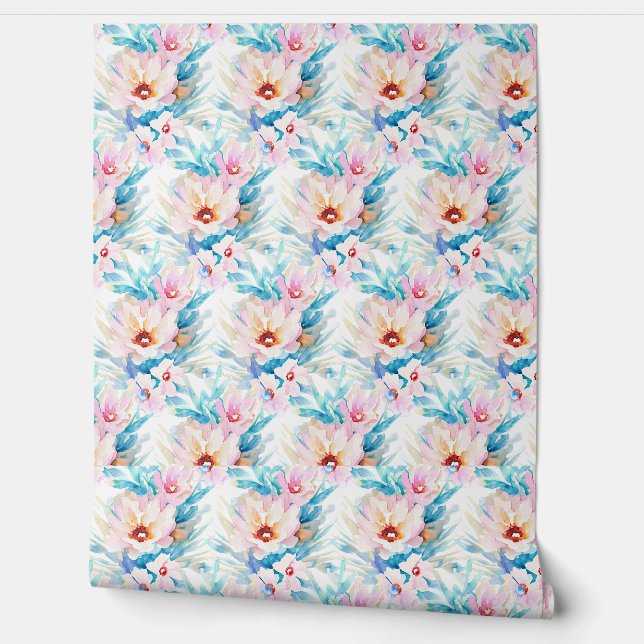 Roze en blauwe waterverf floraal behang (Afrollen)