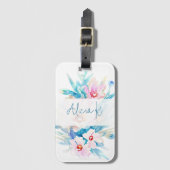 Roze en blauwe waterverf floral gepersonaliseerd bagagelabel (Voorkant (verticaal))