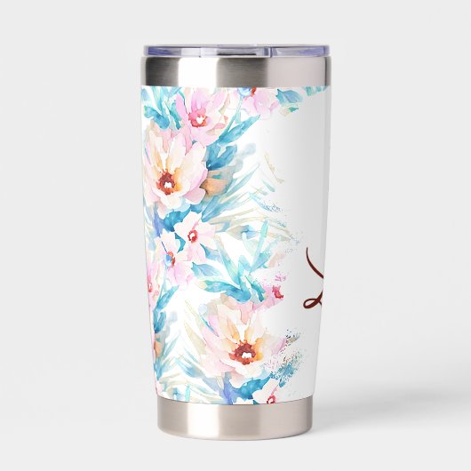 Roze en blauwe waterverf floral gepersonaliseerd geïsoleerde drinkbeker (Voorkant)