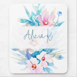 Roze en blauwe waterverf floral gepersonaliseerd muismat