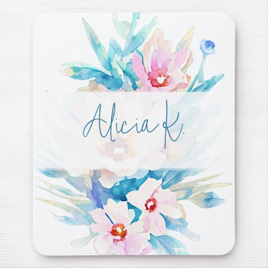 Roze en blauwe waterverf floral gepersonaliseerd muismat (Voorkant)