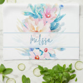 Roze en blauwe waterverf floral gepersonaliseerd theedoek (Gevouwen)