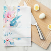 Roze en blauwe waterverf floral gepersonaliseerd theedoek (Quarter Fold)