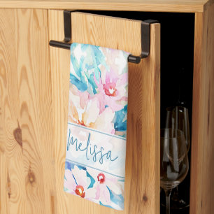 Roze en blauwe waterverf floral gepersonaliseerd theedoek