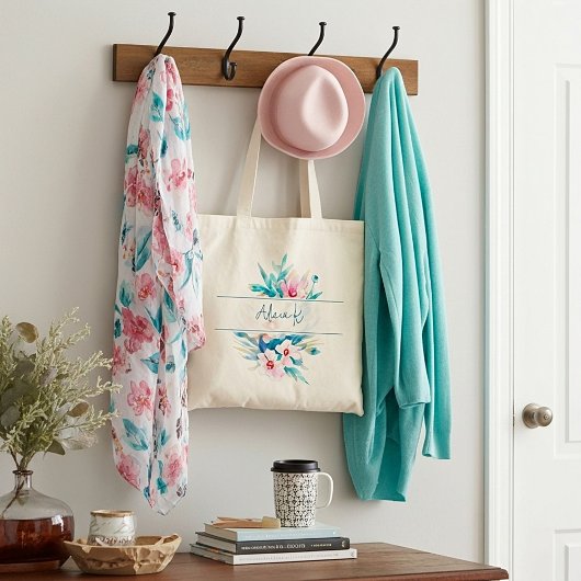Roze en blauwe waterverf floral gepersonaliseerd tote bag