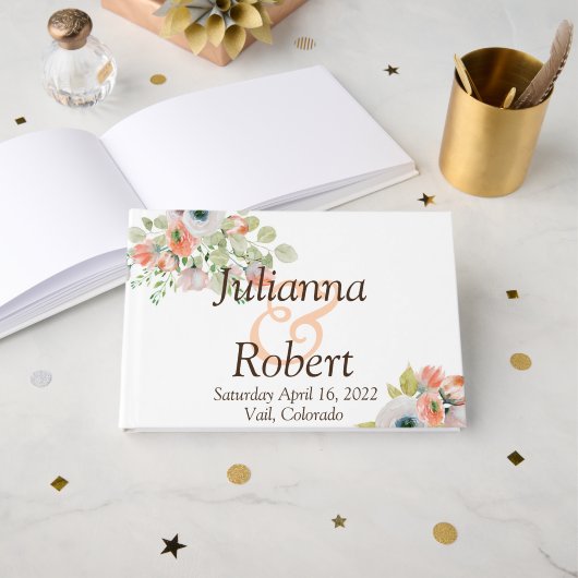 Roze en blauwe waterverf florale bruiloft gastenboek (Voorkant open)