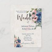 Roze en blauwe waterverf florale bruiloft kaart (Voorkant / Achterkant)