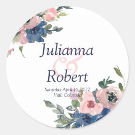 Roze en blauwe waterverf florale bruiloft klassiek ronde sticker